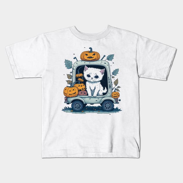 Pumpkin Truck & cat Kids T-Shirt by Maria Murtaza